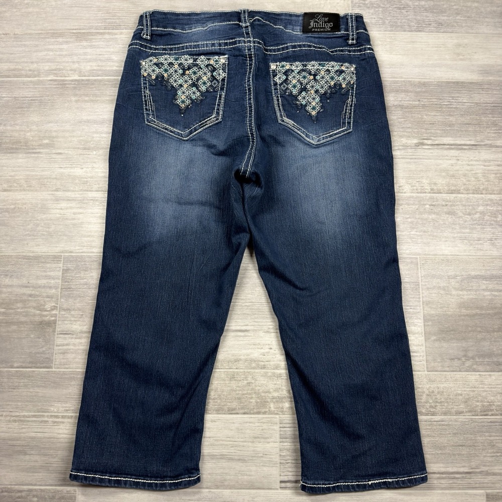 Love Indigo Premium Women's Capri Jeans Size 12 (32X19) Embroidered Pockets Dark